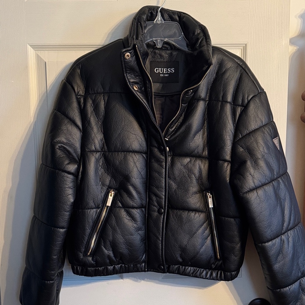 GUESS Women's Quilted Black Puffer Faux Leather Coat